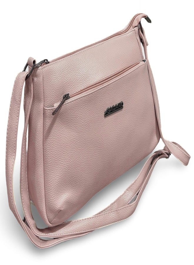 GLOSSY PU Women's Sling Bag, 4 Zipper Compartments, casual use, travel use (Pink) - Image 1